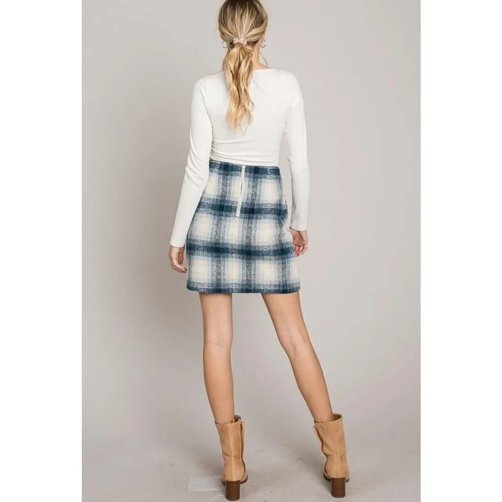 Navy Tartan Wool Plaid Skirt